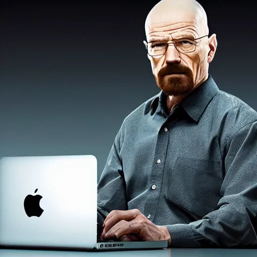 Image similar to walter white presenting the new macbook pro, photorealistic, highly detailed, sharp focus, 4 k, movie still