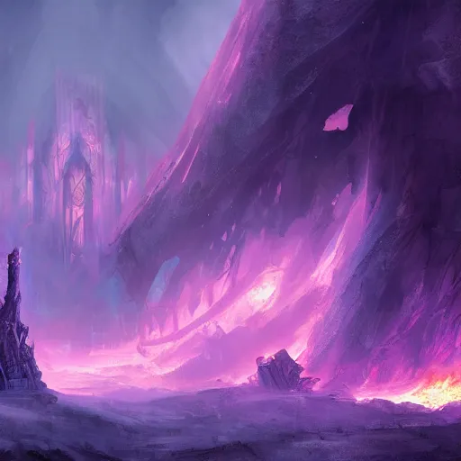 Image similar to a still of a cloaked figure standing in the ruins of crux prime, destroyed monastery, purple fiery maelstrom in the distance, digital art, artstationhq
