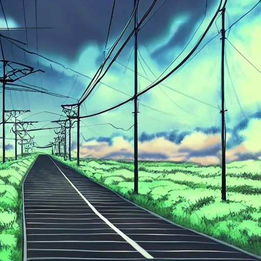 Prompt: heaven path surrounded by power-lines inspired by serial experiments lain scenery overcast sky pixiv scenery art inspired by magical fantasy