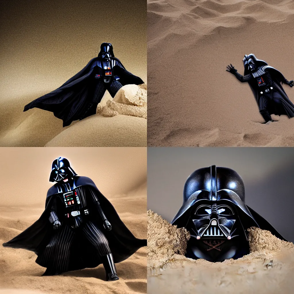 Prompt: darth vader trying to escape from being buried in a pile of sand