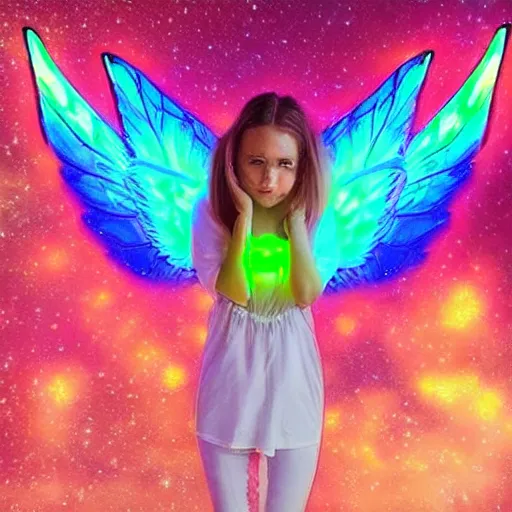 Prompt: a beautiful angel floating in space with neon wings
