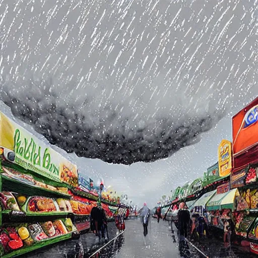 Image similar to giant food raining from the sky all over town painting realistic