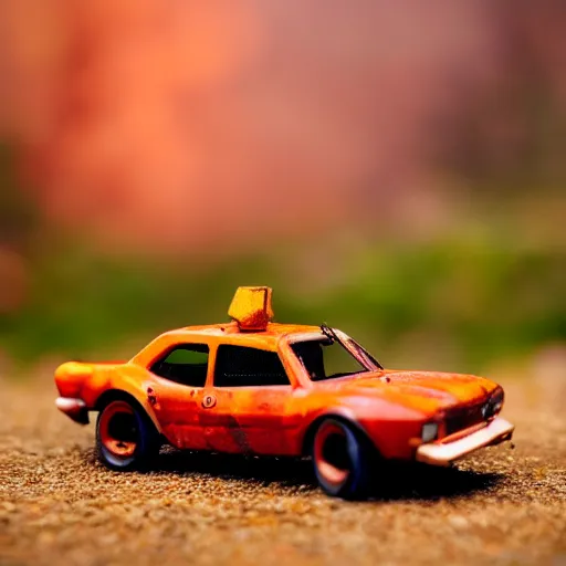 Image similar to macro photography of a toy hot wheels car driving through a forest fire, 3 5 mm