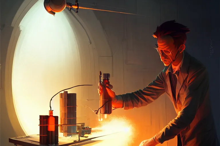 Image similar to symmetry!! scientist performing a explosive experiment by artgerm greg rutkowski and andreas rocha, cinematic lighting, highly detailed, warm colours, 8 k