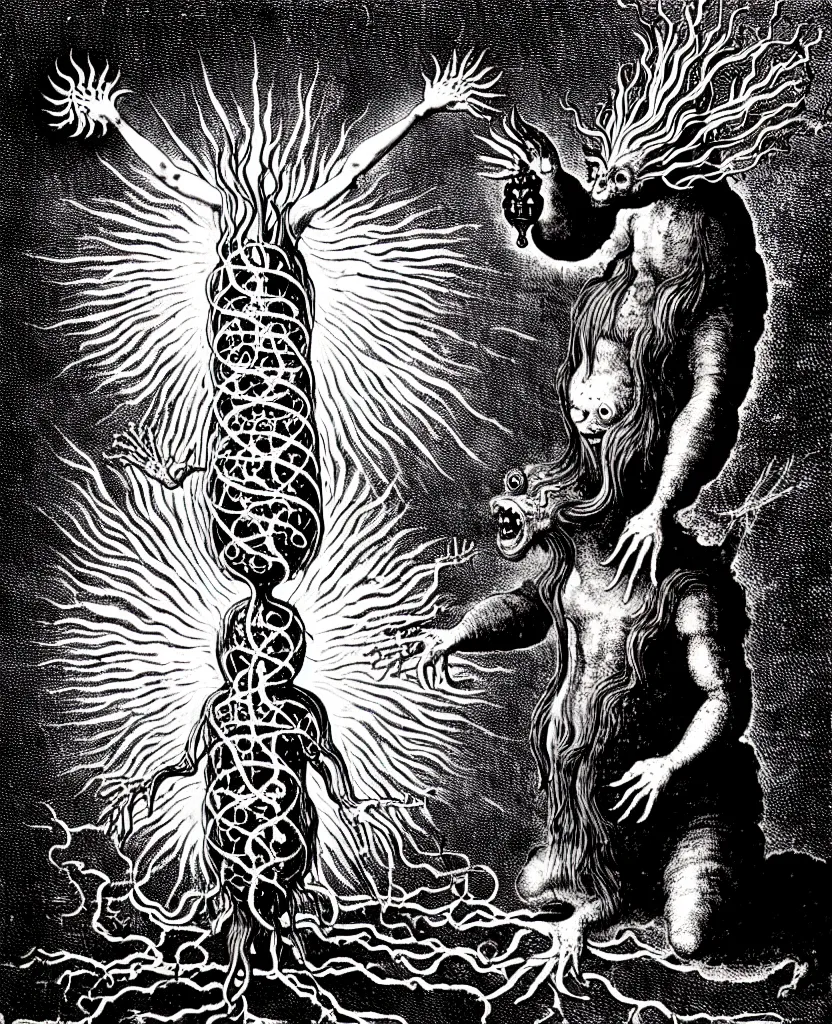 Image similar to fiery freaky creature sings a unique canto about'as above so below'being ignited by the spirit of haeckel and robert fludd, breakthrough is iminent, glory be to the magic within