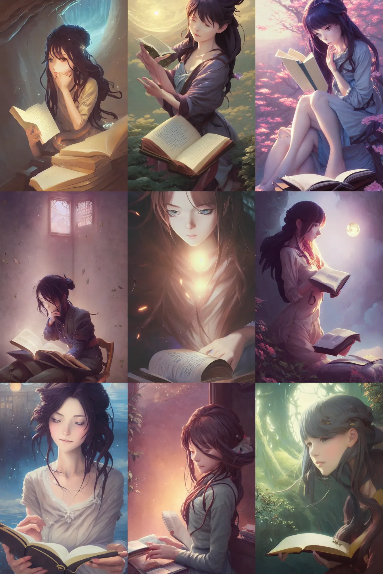 Prompt: highly detailed portrait of beautiful girl with anime features reading a book, detailed hands, dynamic pose, stephen bliss, unreal engine, fantasy art by greg rutkowski, loish, rhads, ferdinand knab, makoto shinkai and lois van baarle, ilya kuvshinov, rossdraws, tom bagshaw, global illumination, radiant light, detailed and intricate environment