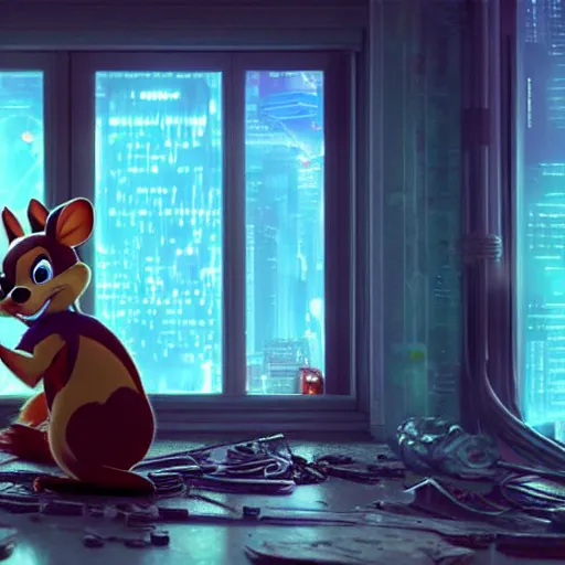 Image similar to Chip and Dale chipmunks in the apartment room in a cyberpunk city, soft god rays from city lights outside the window, unreal engine 5, soft neon atmosphere, photorealistic, soothing colors, somber melancholic matte painting, hyperrealism, hyperrealistic, cinematic masterpiece, cyberpunk style 8k ultrahd octane render