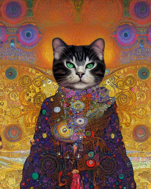 Prompt: hippie cat portrait an oil painting splashes with many colors and shapes by gustav klimt greg rutkowski and alphonse mucha, polycount, generative art, psychedelic, fractalism, glitch art