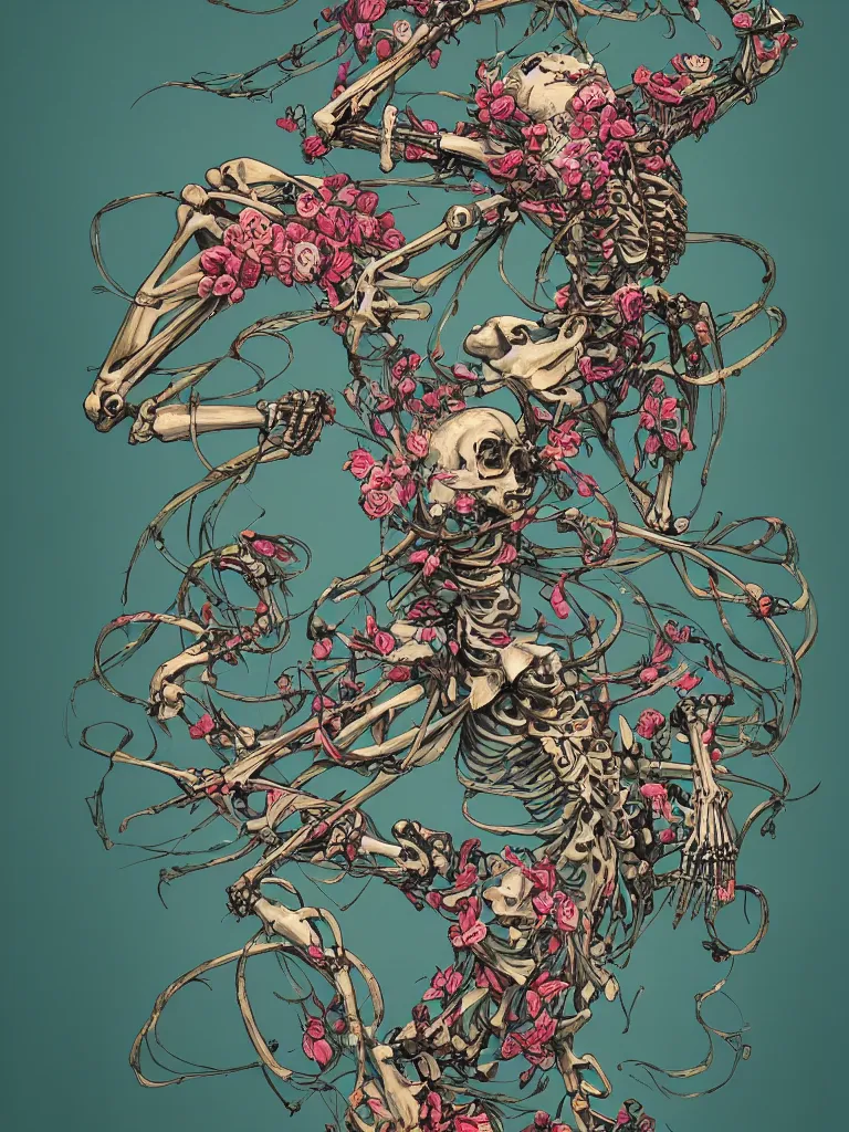 Prompt: a photo of a skeleton covered in flowers in a dynamic pose, in the style of james jean and peter mohrbacher, highly detailed, soft lighting, trending on artstation