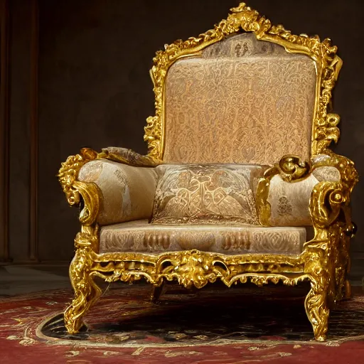 Image similar to photo of a barock chair with gold ans ornament, 8k , hyperrealistic details