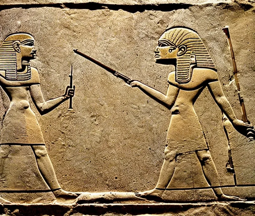 Image similar to ancient egyptian relief of a man shooting a bolt action rifle