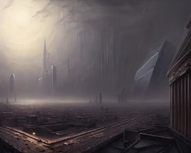 Image similar to 'The Great Eye Watches All', a digital painting of a great city being watched over by an all-seeing malevolent AI, a sci-fi digital painting by Greg Rutkowski and James Gurney, trending on Artstation, foreboding atmosphere, highly detailed