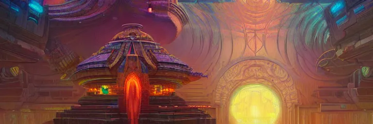 Image similar to a sprawling miniature cybernetic temple, surrounded by fractals, cybernetic faces, vaporwave aesthetic, colorful, psychedelic, digital painting, artstation, concept art, smooth, sharp focus, illustration, art by artgerm and greg rutkowski and alphonse mucha