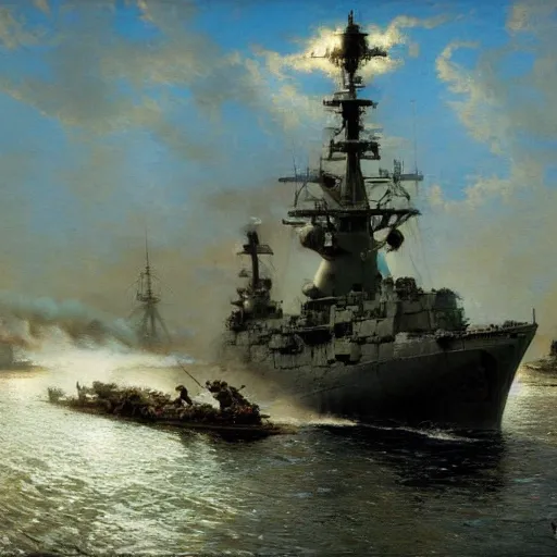 Image similar to detailed cinematic wide shot of swedish world war 2 battle ship attacking coastal city, ultra realistic, spring light, painting by gaston bussiere, craig mullins, j. c. leyendecker