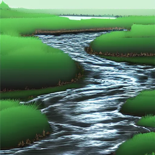 Image similar to digital art painting of a river running through the plains, very mediocre, not detailed at all.