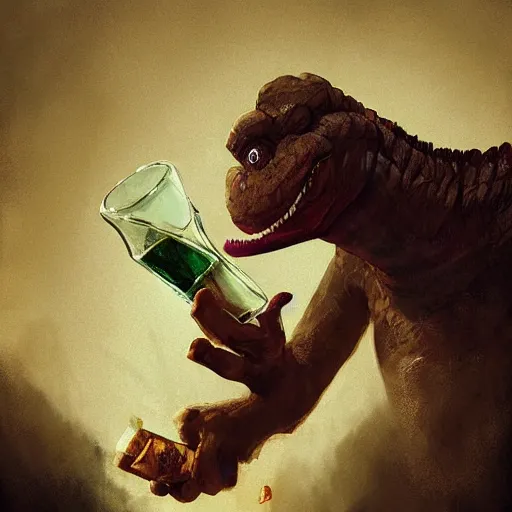 Image similar to barney the dinosaur from kids show drinking whisky and smoking a cigar, portrait art by and greg rutkowski, digital art, trending on artstation