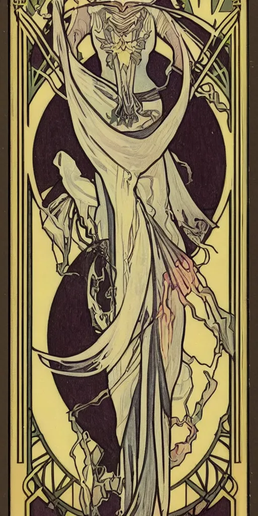 Image similar to an art deco illustration of the grim reaper on a tarot card with an elegant border by alphonse mucha