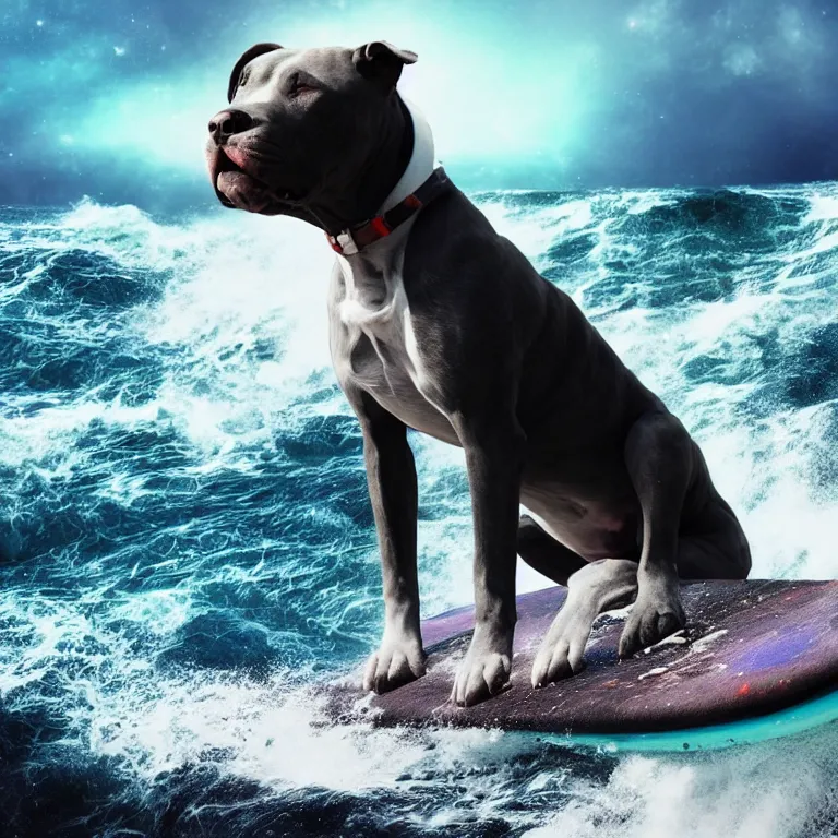 Image similar to photo of a skinny dark gray coat pit bull with a white paws and a white nose!, surfing on a surfboard in a crashing wave of alien galaxy, trending on art station, ocean in space, background is an alien galaxy, aliens in the background, alien colors, octane render, unreal engine, wide view, 8 k, highly detailed