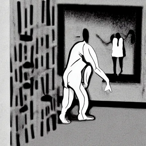 Prompt: creepy backrooms, creepy disproportional creature devouring the man, horror image, cctv footage, grayscale