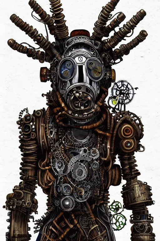 Prompt: wild monstorous anthropomorphic biomechanical bear shaman wearing steampunk artifacts. Have dreadlocks made of cables and wires. Upgraded with hightech cyberwares. huge, big, giant bear human hybrid, mecha animal, tall, very detailed woodcut armor, terrifying and dangerous, scary, beautiful, steampunk monster android hybrid art portrait, matte scifi fantasy painting, half robot half bear. Fullbody, Centered uncut. Full head visinle to the top. Focus on face 50px margins on every side.. DeviantArt Artstation, by Igor Goryunov, featuring Jason Felix, Steve Argyle, Tyler Jacobson and Peter Mohrbacher, cinematic lighting