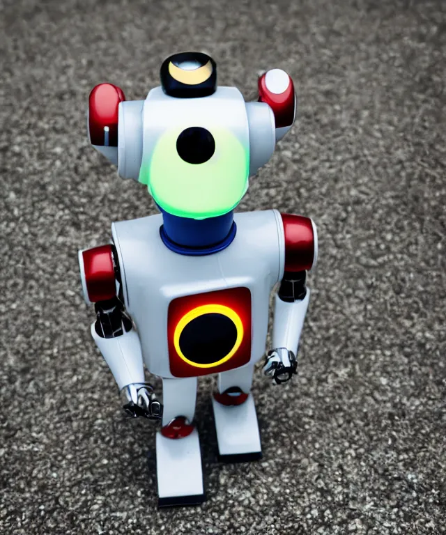 Image similar to high quality presentation photo of a retro toy robot with glowing eyes, photography 4k f1.8 anamorphic bokeh 4k Canon Nikon