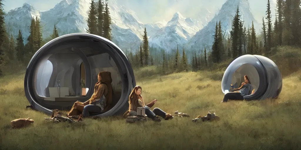 Image similar to cabela's beautiful comfortable futuristic pop up insulated all terrain family pod, cabin, modular, person in foreground, mountainous forested wilderness open fields, beautiful views, painterly concept art, joanna gaines, environmental concept art, farmhouse, magnolia, concept art illustration by ross tran, by james gurney, by craig mullins, by greg rutkowski trending on artstation