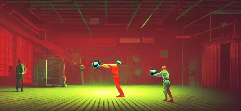 Prompt: handmade illustration of a boxing match in an industrial room, line art, octane render with volumetric lighting, miniatures by wes anderson, cedric peyraavernay, waste processing machinery, bladerunner, green and red radioactive swamp, by Remedios Varo and Anato Finnstark and Greg Rutkowski, dayglo pink, dayglo blue, by Craig Mullins, ilya kuvshinov, krenz cushart, artgerm, 8k, trending on ArtStation