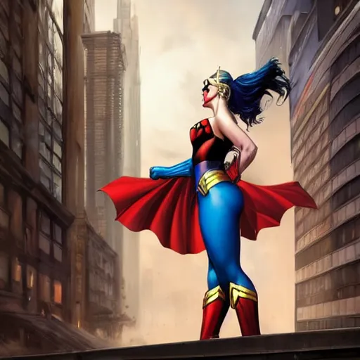 Prompt: side shot, photo of Harley Quinn making out with Wonder Woman, looking out towards gotham city, big bust, intricate, elegant, super highly detailed, professional digital painting, artstation, concept art, smooth, sharp focus, no blur, no dof, extreme illustration, Unreal Engine 5, 8K, art by artgerm and greg rutkowski and alphonse mucha and loish and WLOP