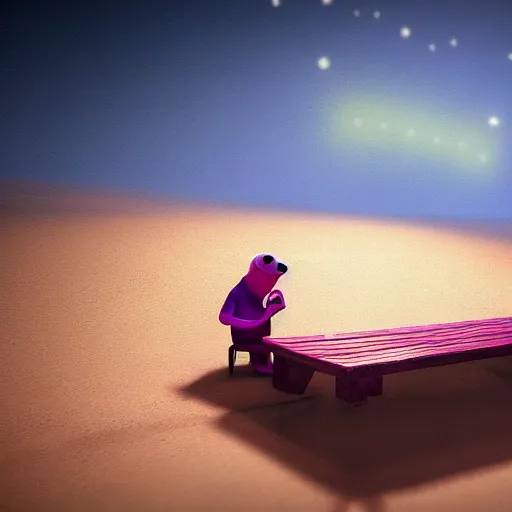 Prompt: patrick with a sad!!! expression slouching on a bench in the bikini bottom, global illumination!!! dim lighting, midnight, cinematic, extremely detailed, beautiful, stunning composition, beautiful light rays, trending on artstation
