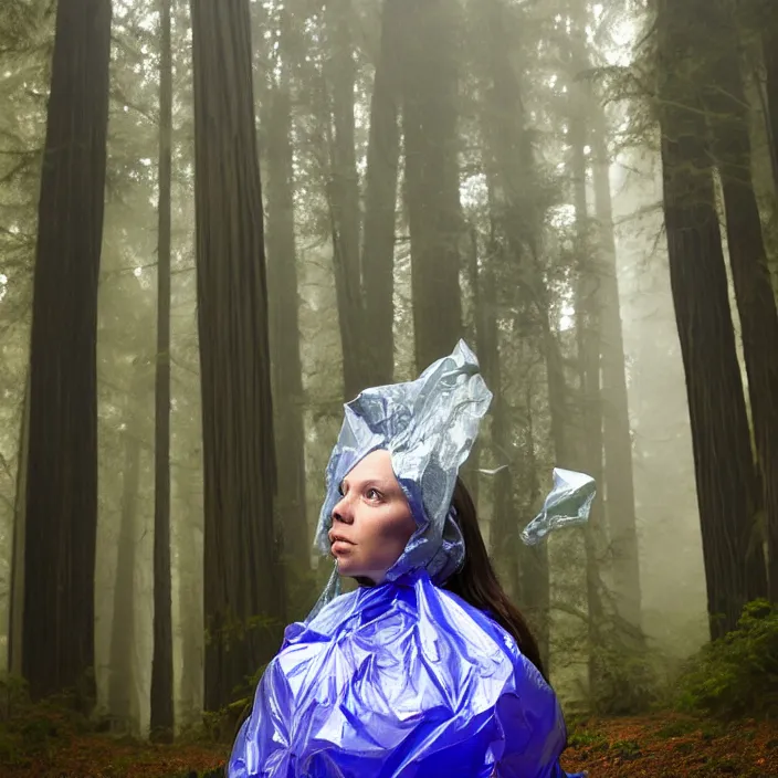 Image similar to a color photograph, closeup portrait of a woman wrapped in plastic, standing next to an agate orb, in a foggy redwood forest, color photograph, by vincent desiderio, canon eos c 3 0 0, ƒ 1. 8, 3 5 mm, 8 k, medium - format print