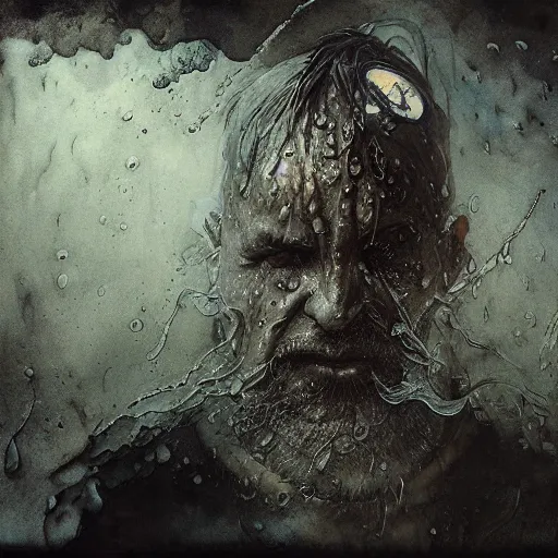 Image similar to wet collodion photography of innsmouth dweller mutant fishman sailor old man with gills and scales creatures from the deep ocean by emil melmoth zdzislaw beksinki craig mullins yoji shinkawa realistic render ominous detailed photo atmospheric by jeremy mann francis bacon and agnes cecile ink drips paint smears digital glitches glitchart