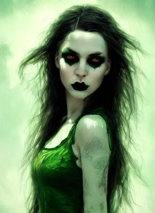 Prompt: portrait of a cute girl, raven hair, perfect vibrant green eyes, gothic makeup, pale white skin, ultra realistic, cinematic lighting, depth of field, artstation, Seb McKinnon, Artgerm