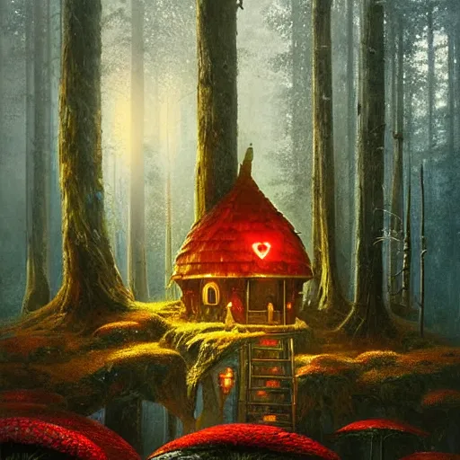 Prompt: greg rutkowski and james gurney. fantasy painting of amanita muscaria smurf house in a heart of cedar forest, golden hour, rtx on