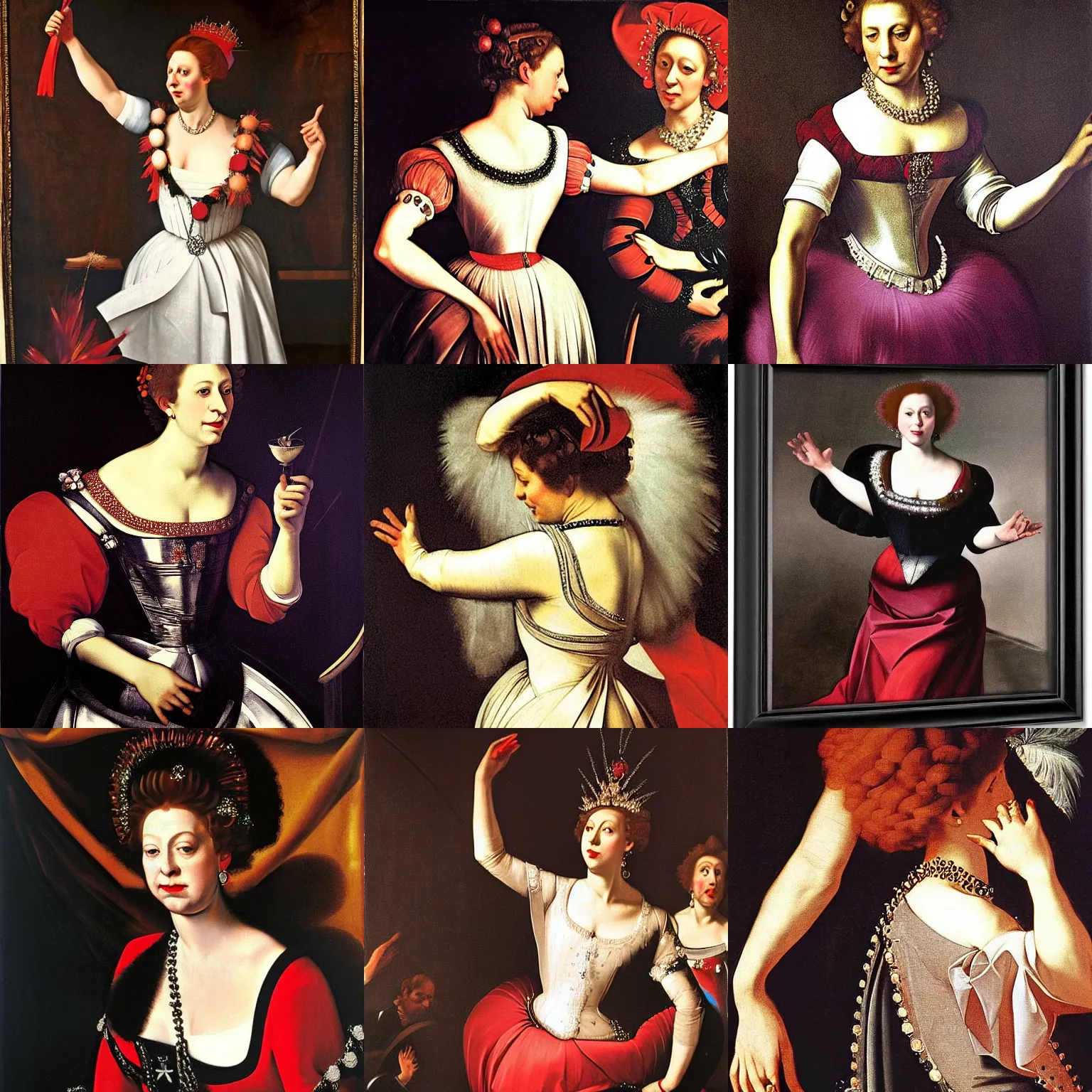 Prompt: portrait of queen elizabeth dancing at a disco, funky, by caravaggio