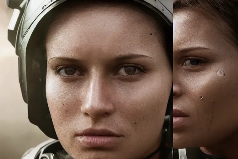 Image similar to VFX movie of a futuristic spacemarine closeup portrait in war zone, beautiful natural skin natural lighting by Emmanuel Lubezki