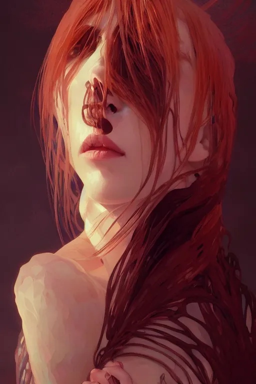 Image similar to a beautiful necromancer woman, fantasy, portrait, sharp focus, intricate, elegant, digital painting, artstation, matte, highly detailed, concept art, illustration, ambient lighting, art by ilya kuvshinov, artgerm, Alphonse mucha, and Greg Rutkowski