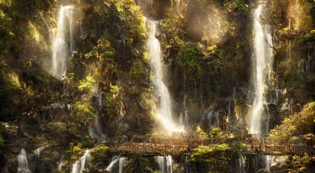 Image similar to rivendell steampunk, waterfalls from clif, dappled golden lighting, cinematic, photographic, realistic, highly detailed, matte painting