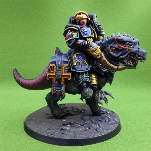 Image similar to 8 0 mm resin detailed miniature of a warhammer 4 0 k space marine riding a dinosaur, product introduction photos, 4 k, full body, hyper detailed,