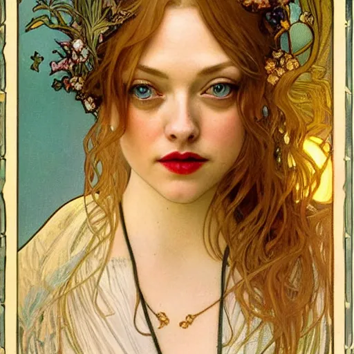 Image similar to amanda seyfried portrait by louis - theophile hingre and alphonse mucha, realistic, sharp focus, zodiac signs, tarot cards, planets, ethereal, art nouveau, magic, moon, sun, crown, dreamy, royal, jewellery