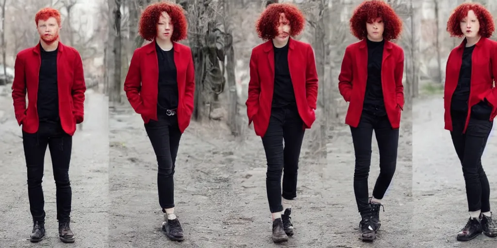 Image similar to man, red hair, black jacket, curly hair, fullbody, Caucasian, short hair,