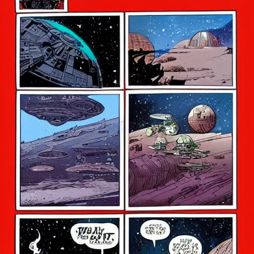 Prompt: Star Wars landscape in the style of comic artist Moebius