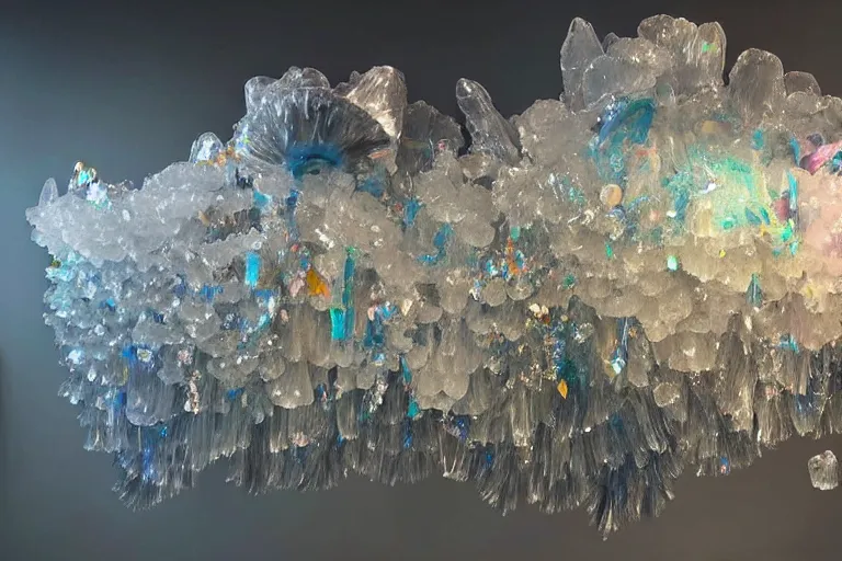 Image similar to simplicity, a huge flock of many ornate translucent puffy filigreed clouds tangled into large whirling ultra detailed crystal specimens, mission arts environment, playful, award winning art, epic dreamlike fantasy landscape, ultra realistic,