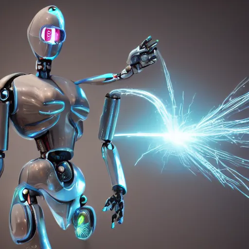 Image similar to robot, lightning around, sparkles, 3d render, octane render, trending on artstation, high details