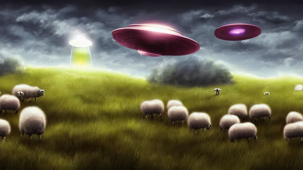 Image similar to sheep in a field being abducted by a ufo!, horror cartoon, hyper energy, punk aesthetic, highly detailed, digital painting, artstation, concept art, sharp focus, illustration,