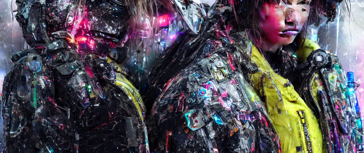Prompt: detailed portrait neon guard girl with long straight blonde hair seen from the back, cyberpunk futuristic, reflective puffer jacket, black leggings, decorated with traditional ornaments in front of a dystopian crowd with piles of garbage by ismail inceoglu dragan bibin hans thoma, perfect face, fine details, realistic shaded, fine - face, pretty face