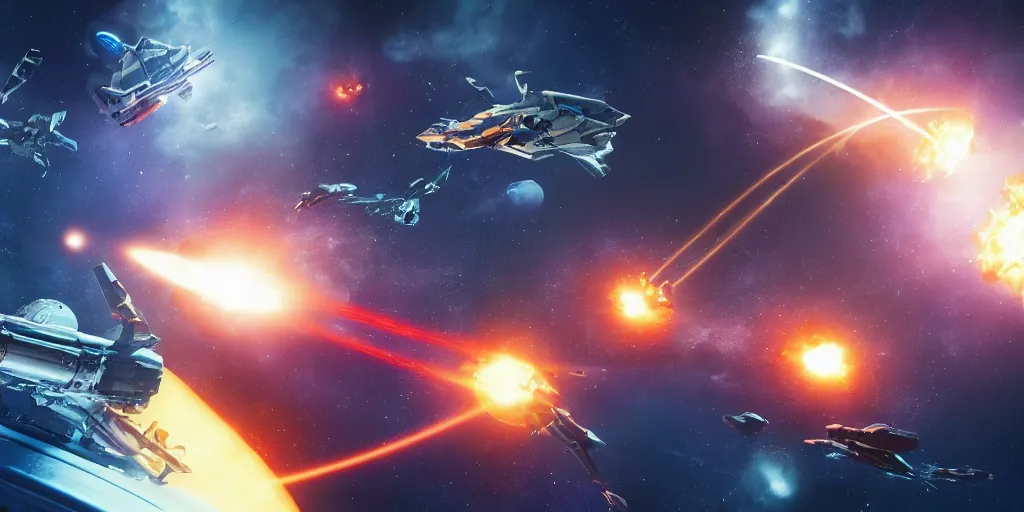 Prompt: space battle scene between gigantic space ships, cinematic scifi shot, laser fire, explosions, ultra realistic details, 8 k