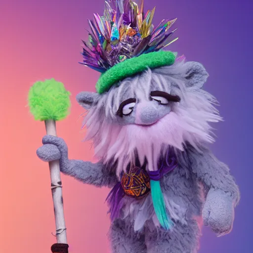 Prompt: a fox wizard druid as a fluffy muppet plush wearing a vaporwave nostalgic outfit and holding a staff made from a stick with an amethyst gemstone tied at the top with dnd dice scattered around it, photorealistic, photography, national geographic, sesame street