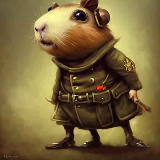 Image similar to cute little anthropomorphic Guinea Pig ww1 soldier, tiny, small, short, military outfit, cute and adorable, pretty, beautiful, DnD character art portrait, matte fantasy painting, DeviantArt Artstation, by Jason Felix by Steve Argyle by Tyler Jacobson by Peter Mohrbacher, cinema