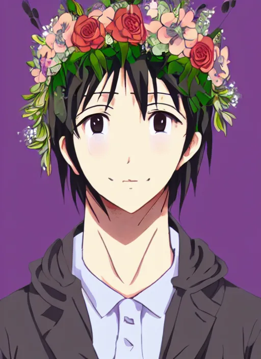 Prompt: A illustrative illustration of the perfect anime husband with a flower crown of fantasies