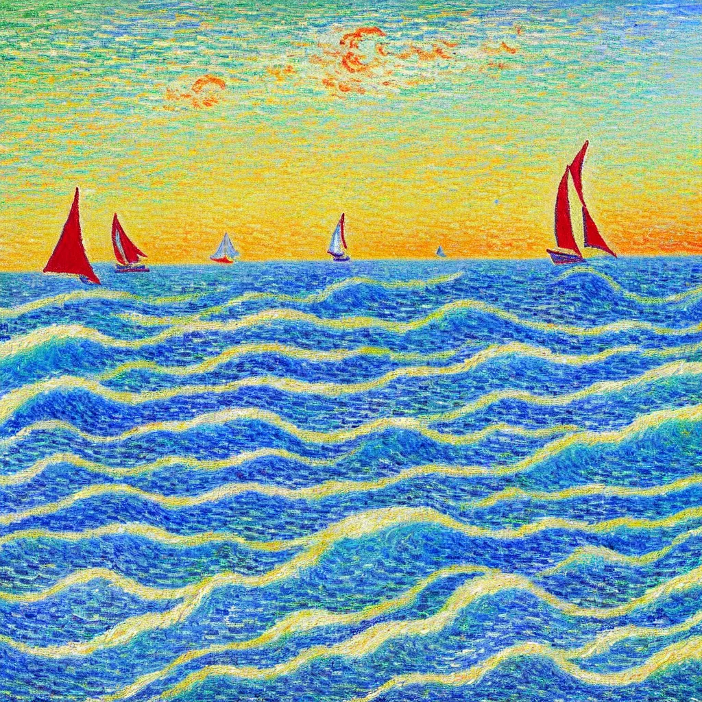 Prompt: beautiful Rolling waves, with a distant, red sailed yacht in the style of Monet and Signac and painted in a style of painting similar to Van Gogh but more impasto and less hatching